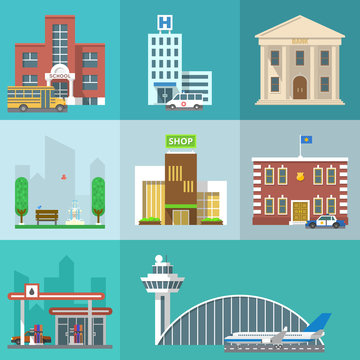 Set of public buildings. City infographics elements. Vector flat design icon collection. Institutions symbols. School, hospital, bank, park, shop, police station, gas station, airport