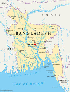 Bangladesh political map with capital Dhaka, national borders, important cities, rivers and lakes. English labeling. Illustration.
