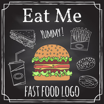 Eat me. Elements on the theme of the restaurant business. Hamburger, sandwich, fries and donut. Vector illustration.