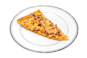 Piece of pizza on plate isolated on white