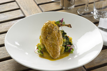 Corn fed chicken with sag aloo & curry veloute
