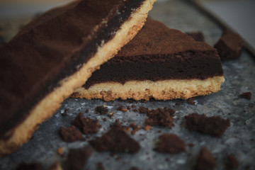 Piece of chocolate cake with crumbs on metal background