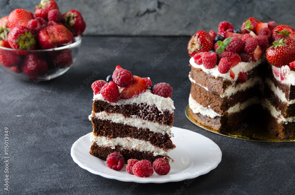 Wall mural naked cake with cream, decorated with raspberries, blackberries.