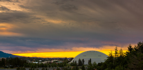 Dramatic sunrise over a football spors dome in Moscow Idaho