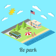 Isometric summer RV camping on cost of Pacific ocean. Isometric vector illustration of car and travel trailers. Summer trip family travel concept.