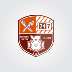 Vintage plumbing service badge, banner or logo emblem.Elements on the theme of the plumbing service business. Vector illustration.