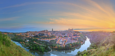 Panoramic view of ancient city and Alcazar on a hill over the Tagus River, Castilla la Mancha, Toledo, Spain