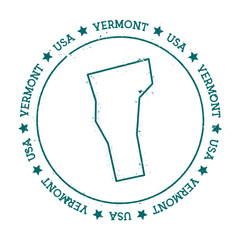 Vermont vector map. Retro vintage insignia with US state map. Distressed visa stamp with Vermont text wrapped around a circle and stars. USA state map vector illustration.