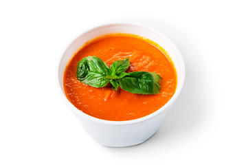 Hot food delivery - tomato gazpacho soup isolated