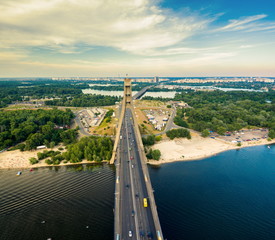 Aerial view of highway and Moscow bridge across the Dnieper.