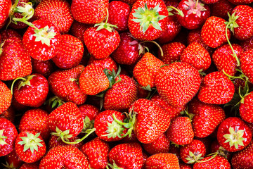 Strawberry on wood background. Strawberry with green leaves.