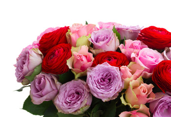 Fototapeta na wymiar bouquet of fresh roses and ranunculus