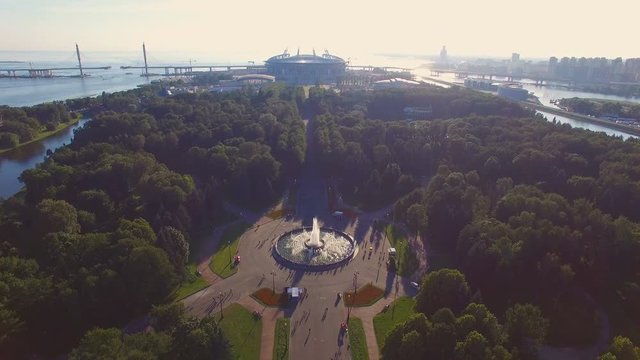 aerial view of the fountain in the Park at the sunset