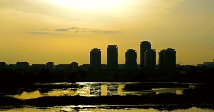 Timelapse Sunset Over Bucharest City Skyline In Romania