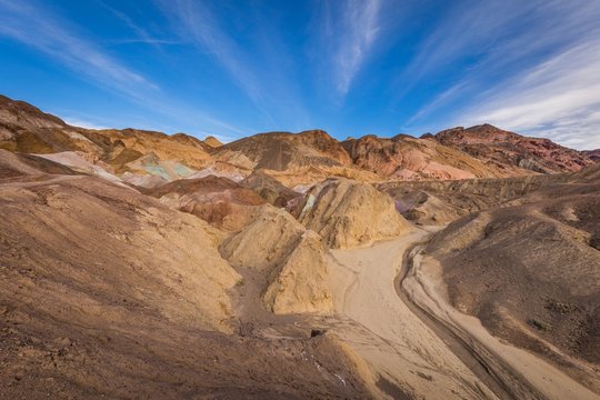 Breathtaking views of the colored rocks. Beautiful scenery in the desert. The landscape, colors and hills change along the drive. View from Artist's Drive, Death Valley National Park