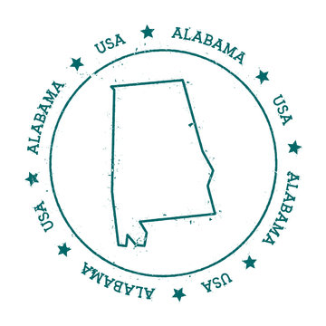 Alabama vector map. Retro vintage insignia with US state map. Distressed visa stamp with Alabama text wrapped around a circle and stars. USA state map vector illustration.