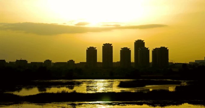 Timelapse Sunset Over Bucharest City Skyline In Romania