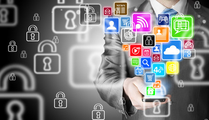 Fototapeta premium Business man using smart phone with social media icon set