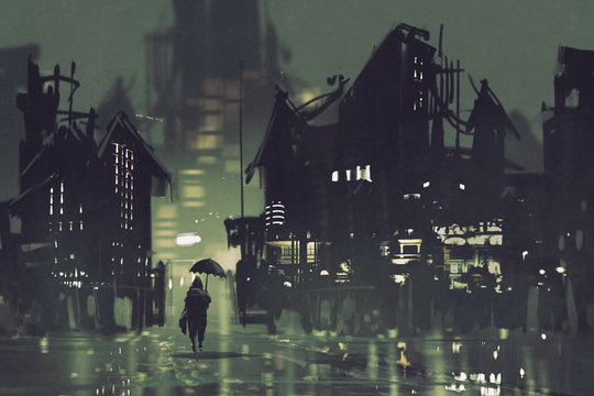 man with umbrella walking in dark city at night,illustration painting