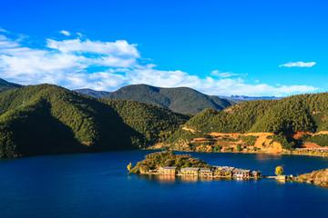 Aerial view of the Lugu lake in the morning