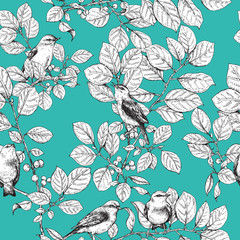 Seamless pattern with birds on branches