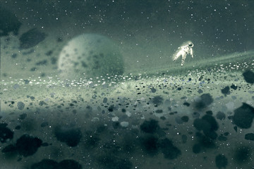 astronaut floating in asteroid field,mysterious space,illustration painting © grandfailure