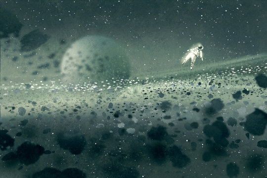 astronaut floating in asteroid field,mysterious space,illustration painting