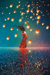 Crédence de cuisine en verre imprimé Grand échec Femme en robe debout sur l& 39 eau contre des lanternes flottant dans un ciel nocturne, peinture d& 39 illustration