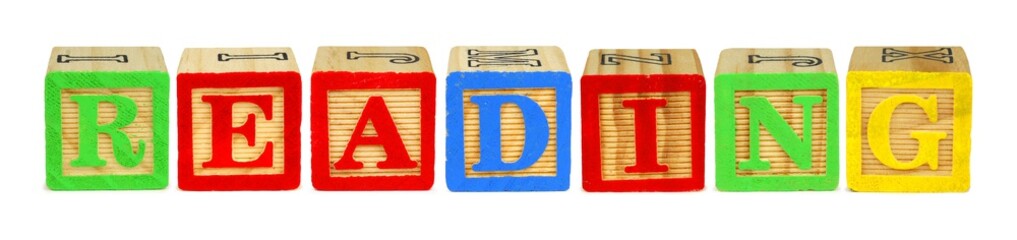 Wooden toy letter blocks spelling READING isolated on white