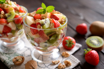 Fruit salad in a glass bowl