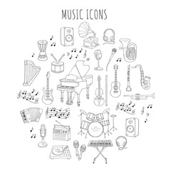 Fototapeta premium Music icon set vector illustrations hand drawn doodle. Musical instruments and symbols piano, guitar, synthesizer, drum set, gramophone, microphone, violin, trumpet, accordion, saxophone, headphones.