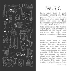Music icon set vector illustrations hand drawn doodle. Musical instruments and symbols piano, guitar, drum set, gramophone, microphone, violin,drum set,accordion, radio, saxophone, headphones.