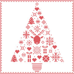 Scandinavian Norwegian style winter stitching Christmas pattern in tree shape including snowflakes, hearts, Xmas trees, snow, stars, decorative ornaments, reindeer on white background
