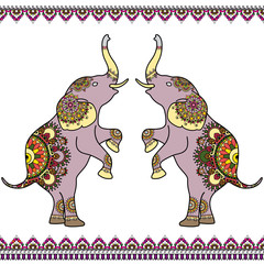 Color two elephants with border elements in ethnic Indian mehndi henna style. illustration isolated on white background
