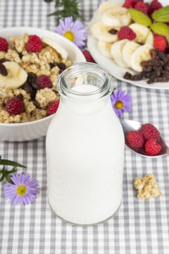 bottle of fresh milk and granola with fruits