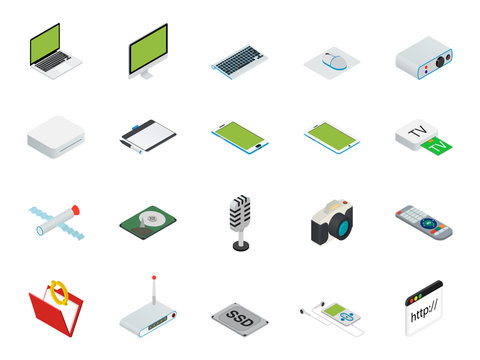 Isometric home and office computer equipment with desktop, laptop, tablets  phone etc.