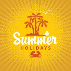 Travel banner summer vacation with island and palm trees on a blue background