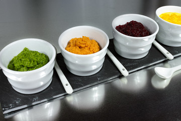 Healthy snacks - four colorful vegetable mousses