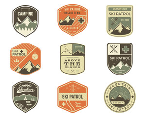 Set of Retro style Ski Club, Patrol Labels. Classic Mountain elements. Winter or summer camping explorer badges. Outdoor adventure logo design. Travel hipster insignia. Adventure patches. Vector.