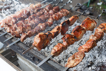 Beef kebab. Fresh meat at grill, bbq
