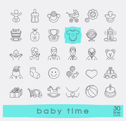 Set of line icons for baby care, feeding and play. First year of parenting. Collection of baby time icons. Accessories for newborn in the family. Love, care, family life.
