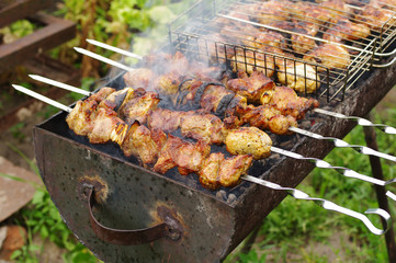 Juicy pieces of meat prepare on fire. Shish kebab on a skewer
