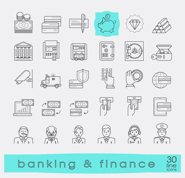 Set of icons related to finance and banking. Collection of premium quality line icons. Vector illustration.