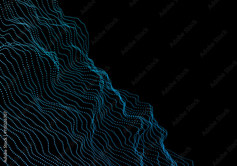 Poster abstract 3d rendering of waves with particles on black background. futuristic background with lines 