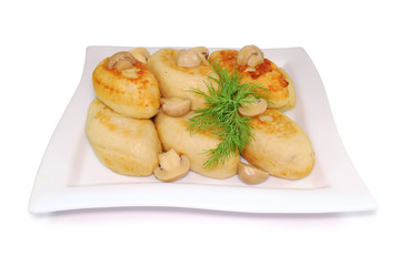 Zrazy with mushrooms Isolated against White Background. National Ukrainian, Lithuanian, Polish and Belarusian cuisine