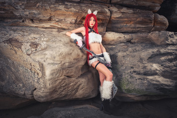 Beautiful female character with two swords in mountain area. 