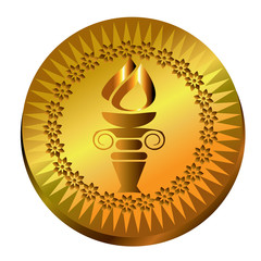 Torch vector illustration - award gold medallion with classic silhouette ancient Greece column with cup full of fire on the top. Golden medal with sunburst shape, flower garland border, flame.