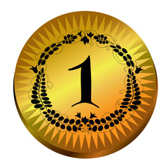 Golden medal award with  first number. Black one sign and floral border on a shiny yellow medallion decorated sunburst beam. Vector illustration of gold seal. Gilt abstract coin. Isolated.