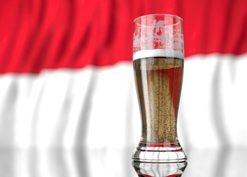 a glass of beer in front a indonesian flag. 3D illustration rendering.