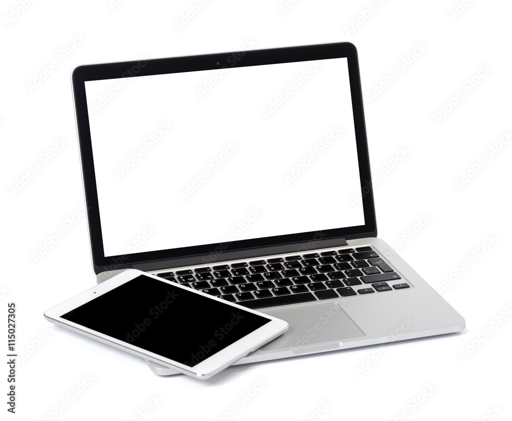 Wall mural laptop with tablet on white background